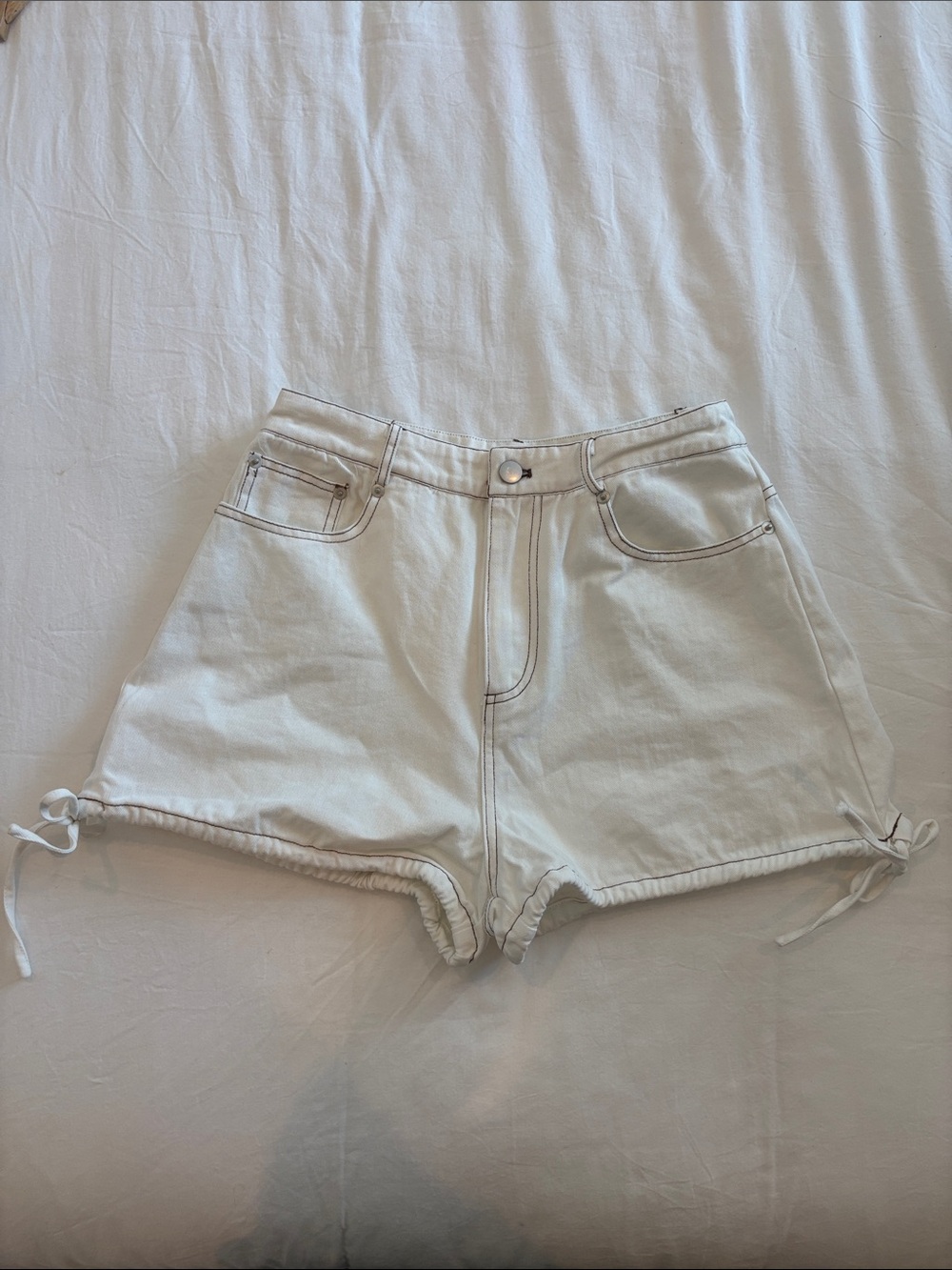 High-Rise Drawstring Hem White Denim Shorts